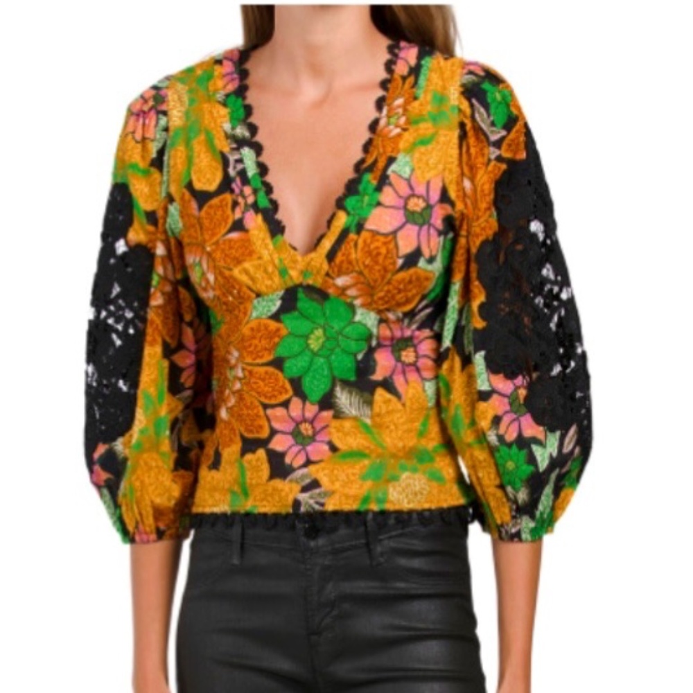 Farm Rio Garden Black Blouse, Size M